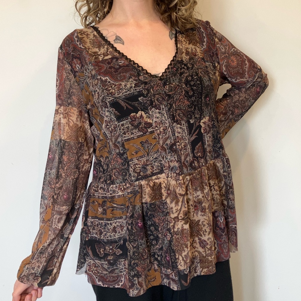 Desigual Katrina blouse brown V-Neck patch boho flared sleeves in Large